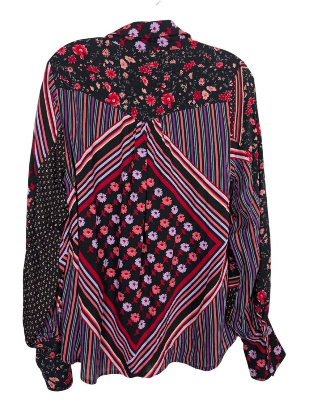 Free People Womens XS Mixed Print Button Front Blouse Boho Floral Striped Viscos - Picture 2 of 16